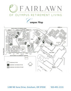 Fairlawn Retirement Living Campus Map showing the layout of the entire campus with areas labeled.